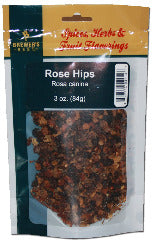 Small version of image; bag marked "Rose Hips 3oz." with dried hips visible.