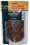 Large version of image; bag marked "Rose Hips 3oz." with dried hips visible.